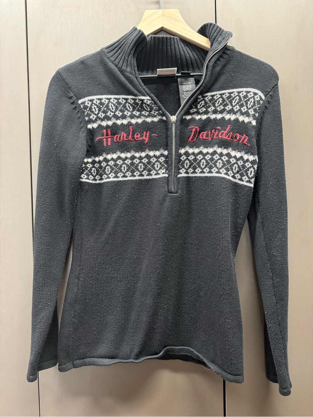 Harley-Davidson Black Half-Zip Sweater with White Fair Isle and Red Script